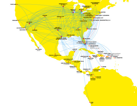 Route Map of United States, Mexico and South America with flight routes indicated
