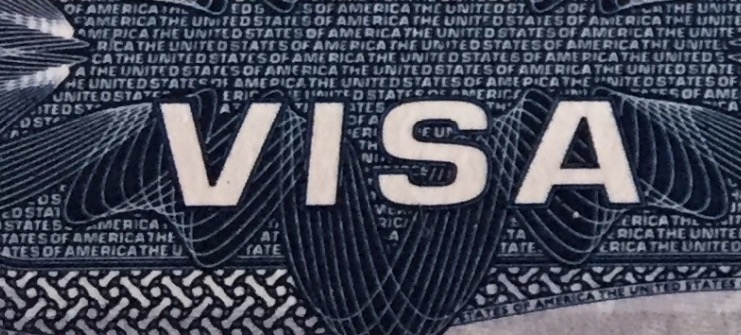 The word Visa in white bold text with a dark patterned background. A portion of the background are the words United States of America are repeated in small text.