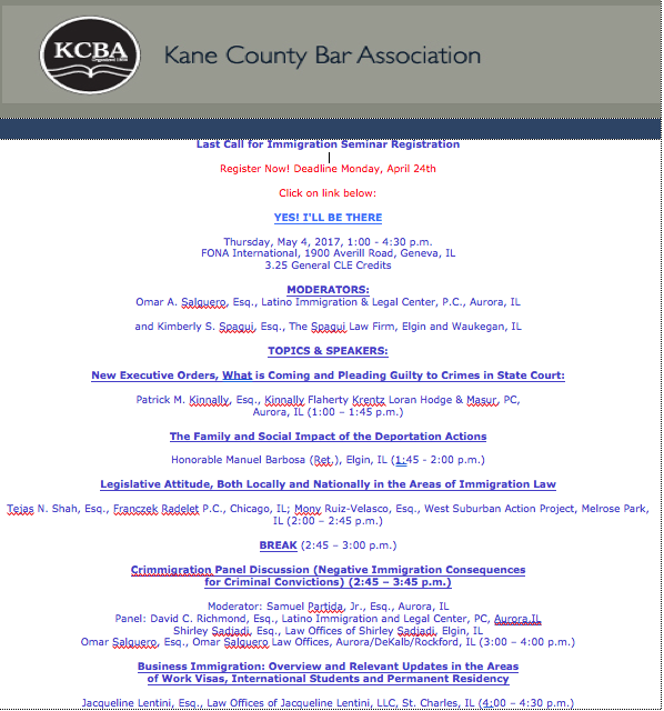 Kane County Bar Association full agenda for the Immigration Seminar. This event happened on May 4, 2017. It lists moderators, topics, and speakers.