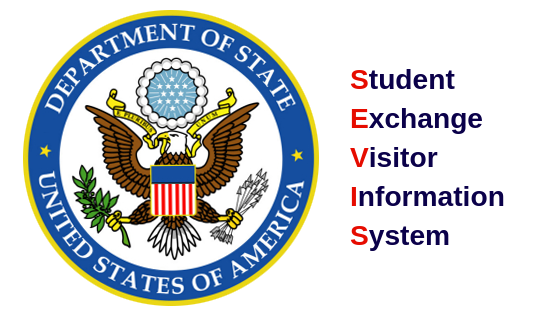 The U.S. Department of State seal with the acronym for S.E.V.I.S. spelled out as such: Student Exchange Visitor Information System