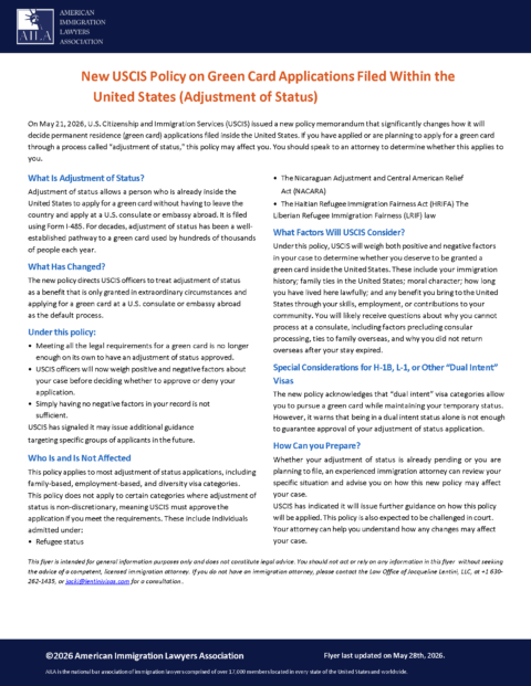 Lentini Visas | Immigration Services, Law Office of Jacqueline Lentini LLC | AILA Flyer: New USCIS Policy on Green Card Applications Filed Within the United States (Adjustment of Status)