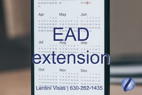 A calendar with the title EAD extension in the foreground. Lentini Visas, phone number and globe logo located at the bottom of the photograph.