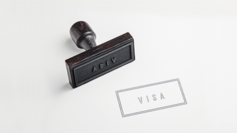 A dark stamp sits on a clean white surface. Next to it is a clear mark showing the word visa.