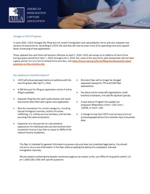 AILA flyer outlining key takeaways from the new USCIS fee schedule. 