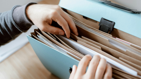 A person holds a file folder with paper records. The documents relate to USCIS and E-Verify.