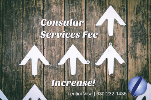 An image of white arrows pointing up hung up on a wooden wall. The text, "Consular Services Fee Increase!" in the middle and Lentini Visas 630-262-1435 with the Lentini globe logo on the bottom of the image. 