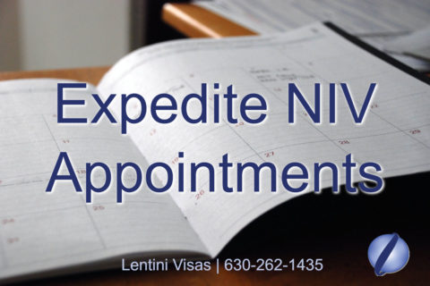  A picture of a calendar with the text, "Expedite NIV Appointments" with Lentini Visas, phone number, and globe logo on the bottom. 