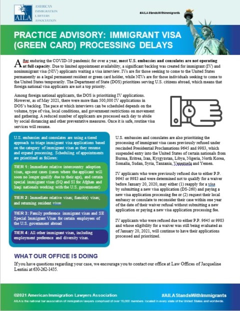 AILA Practice Advisory flyer informing the reader about Green Card processing times and how the COVID-19 Pandemic is affecting U.S. Consulates and Embassies.
