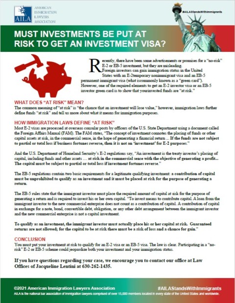 AILA flyer discussing investments being "at-risk" when applying for an investment visa. 